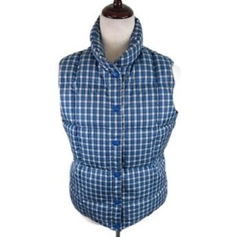 Lands' End Puffer Down Vest Women's Size Small Blue Plaid Button